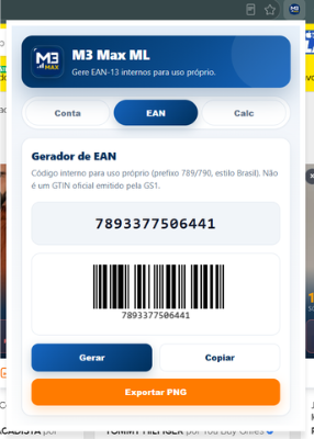 Janela da extensão M3 Max com as abas Conta, EAN e Calc abertas sobre a página do Mercado Livre